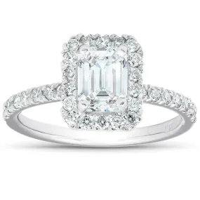 1 1/2 Ct Emerald Cut Diamond Halo Engagement Ring 14k White Gold