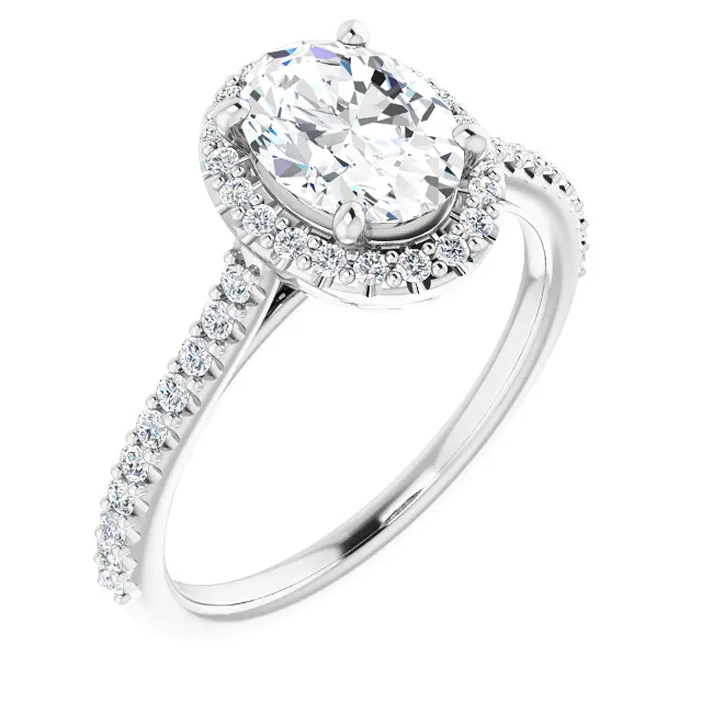 1 1/2 Ct Halo Diamond & Oval Moissanite Engagement Ring White Gold