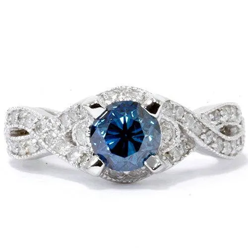 1 1/2ct Blue Diamond Vintage Infinity Engagement Ring 14K White Gold