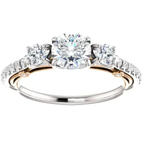 1 1/2ct Three Stone Diamond Engagement Ring Filigree Rose & White Gold 14k