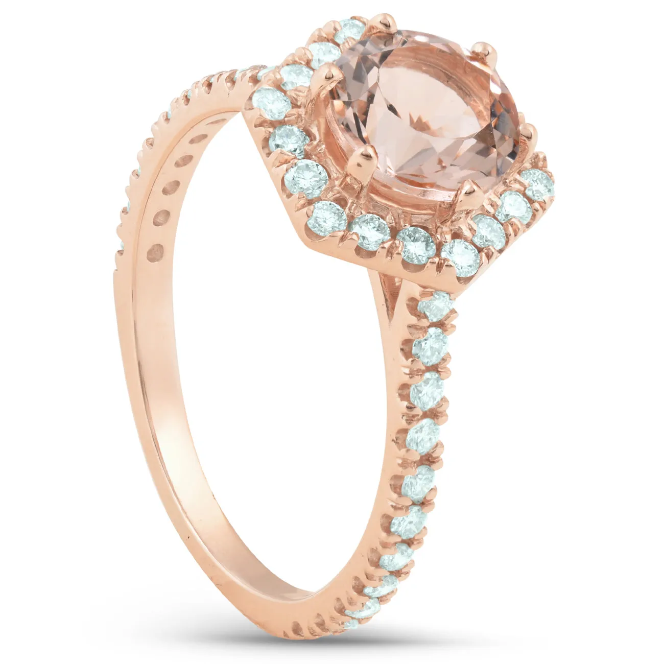 1 5/8 Ct TW Morganite Hexagonal Halo Diamond Ring 14k Rose Gold