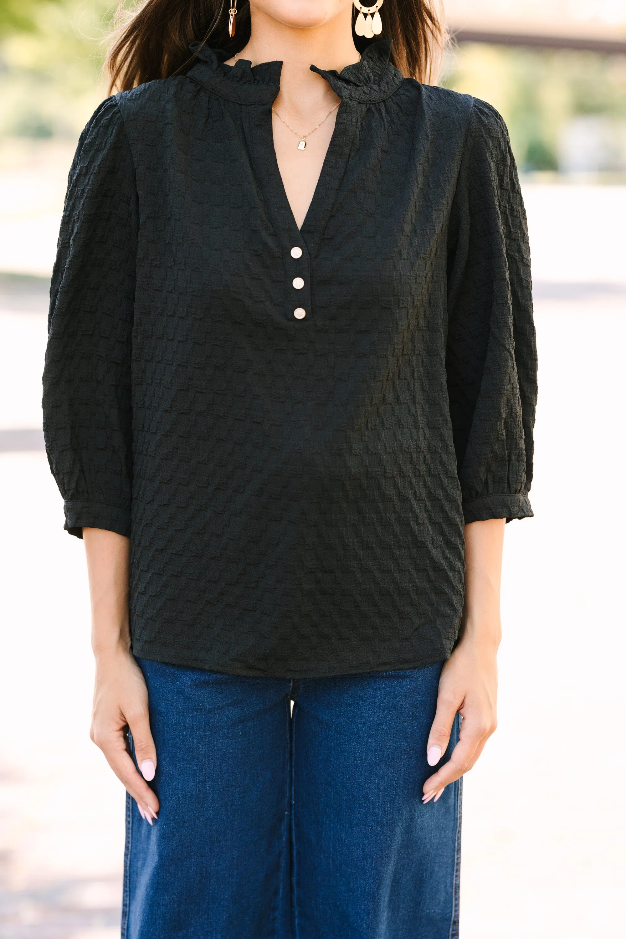 All Up To You Black Textured Blouse