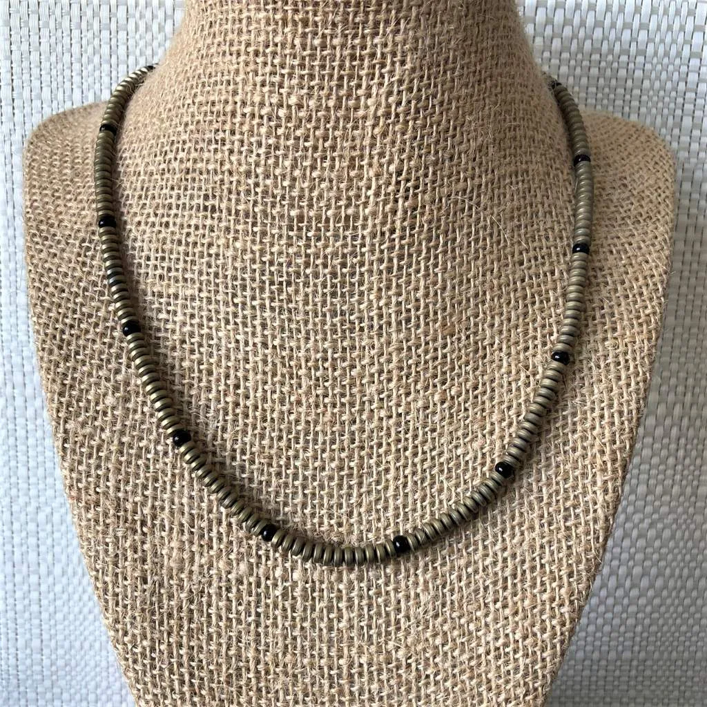 Antique Brass Hematite Matte Rondelle Mens Necklace