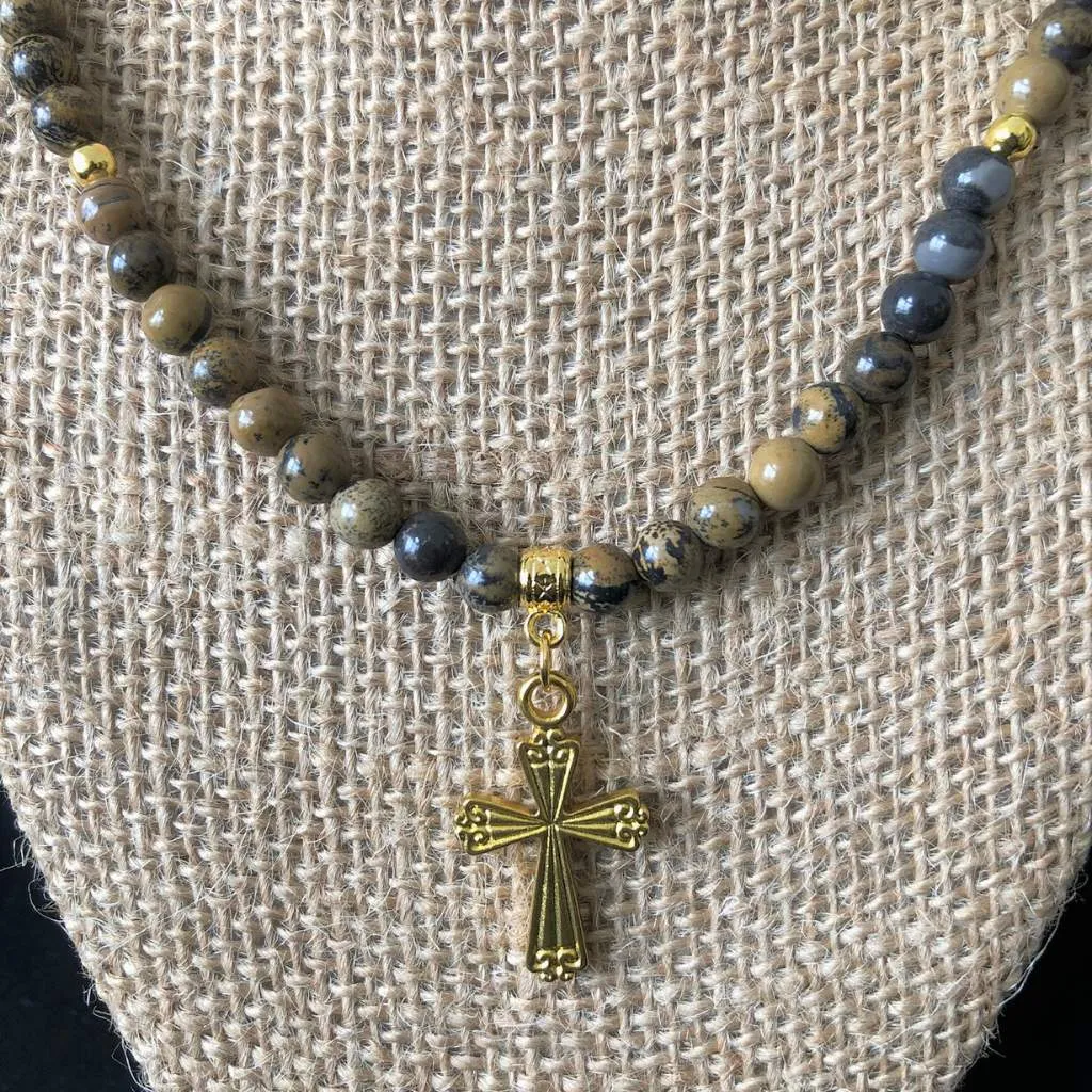 Artistic Stone Mens Gold Cross and Beaded Necklace