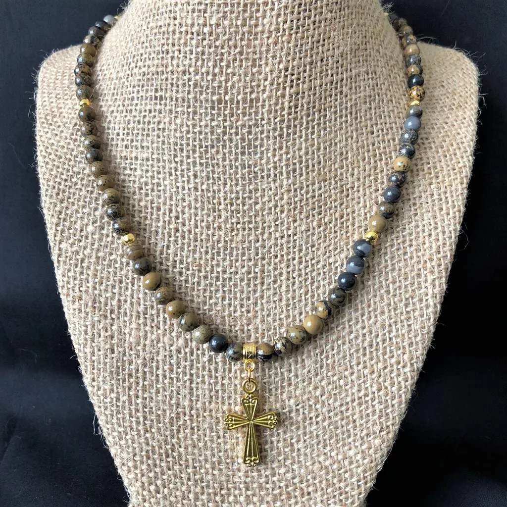 Artistic Stone Mens Gold Cross and Beaded Necklace