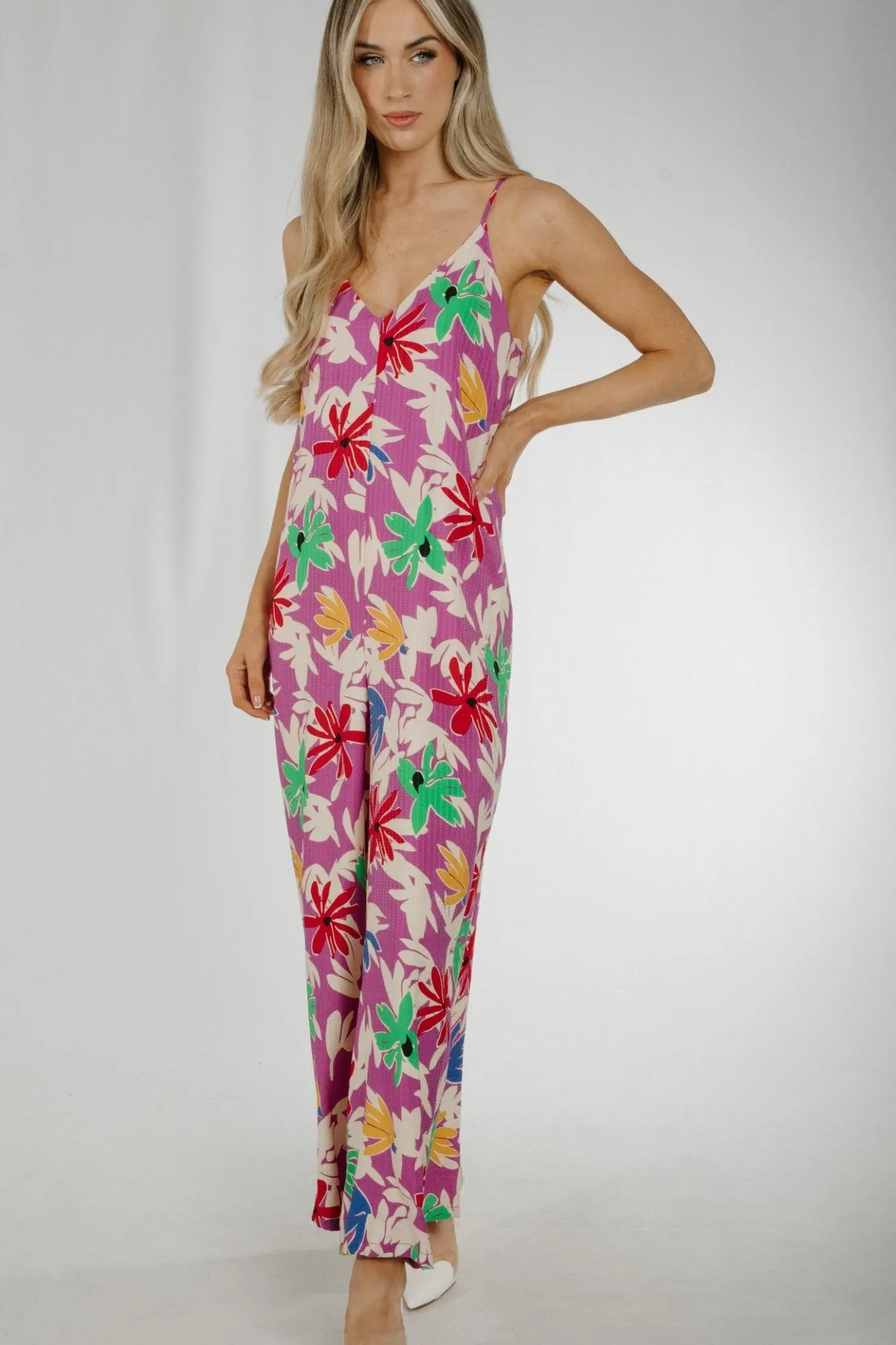 Becca Tie Back Jumpsuit In Purple Floral