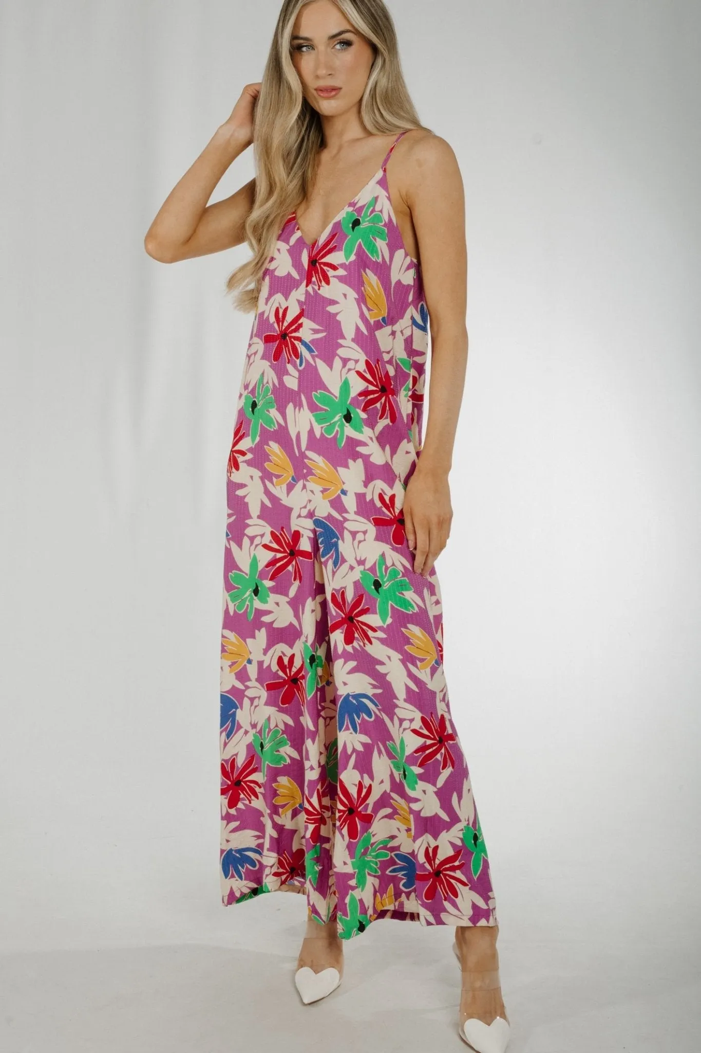 Becca Tie Back Jumpsuit In Purple Floral