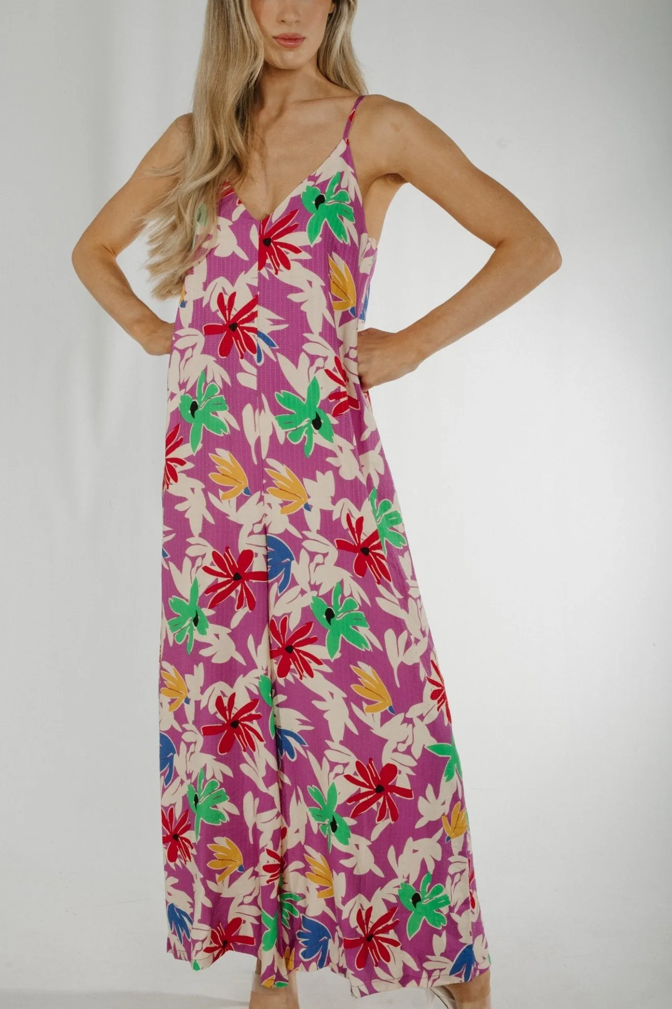 Becca Tie Back Jumpsuit In Purple Floral