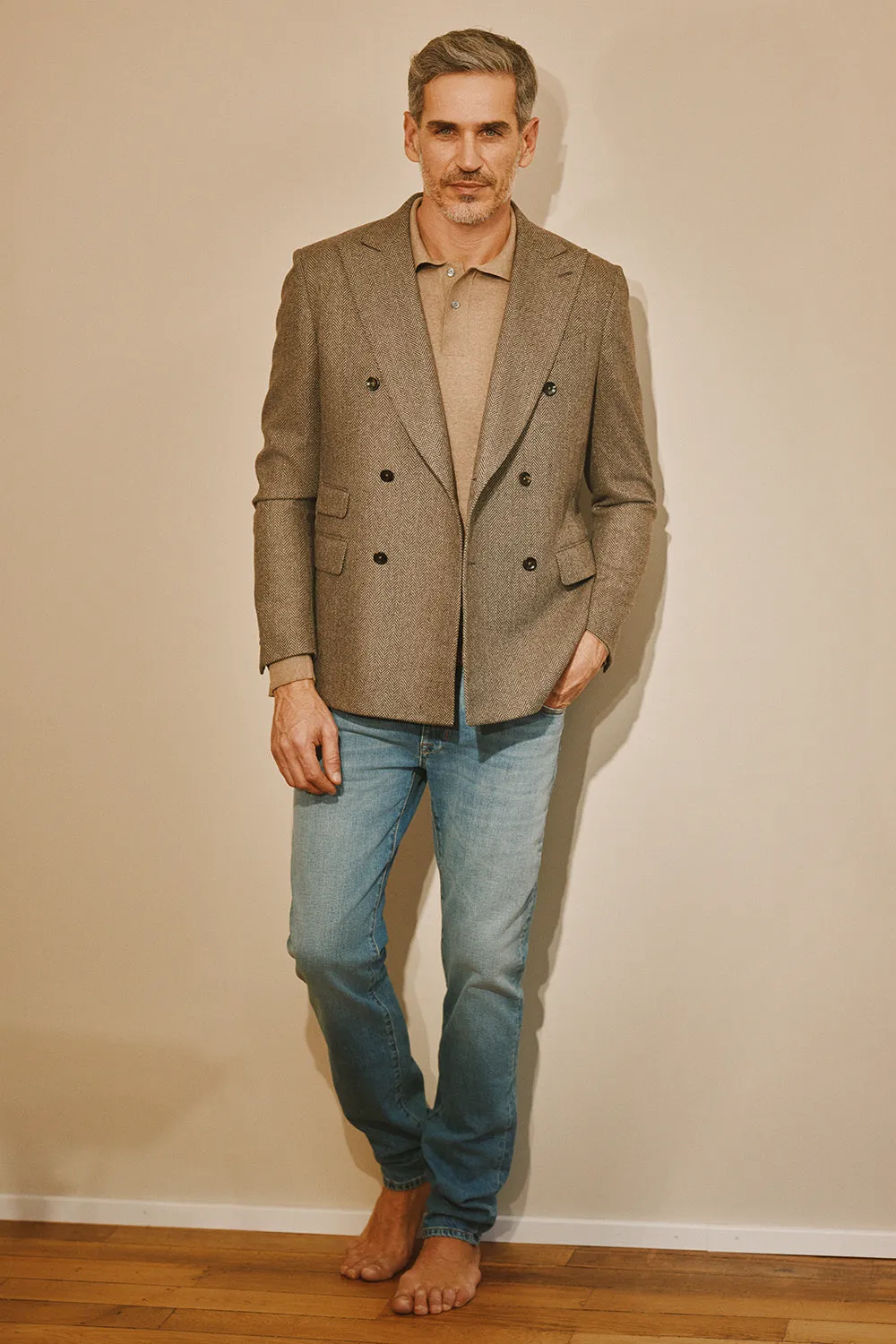 Beckett double breasted blazer in Herringbone Archivio wool