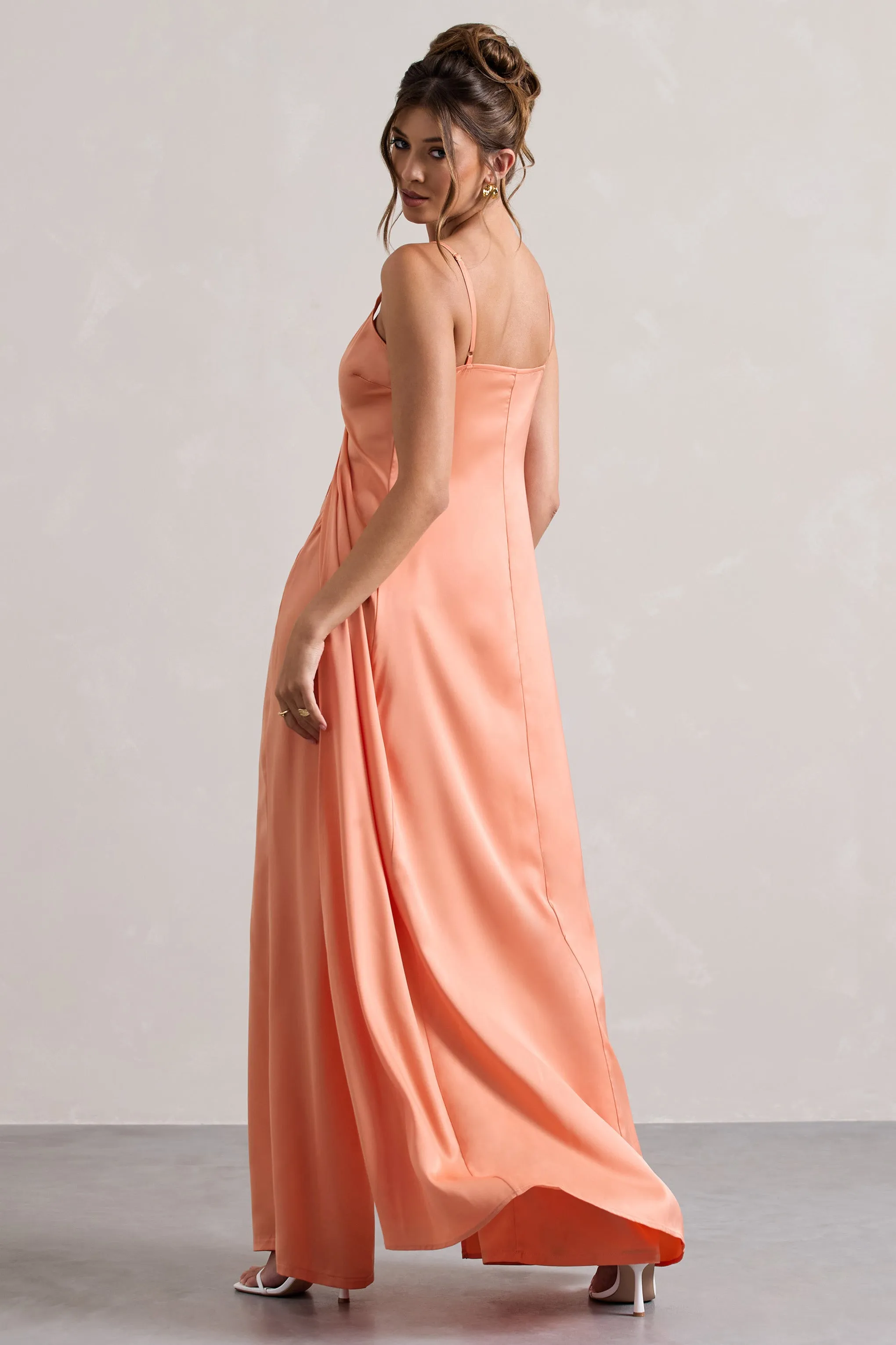 Calvi | Peach Satin Longline Cami Top With Split Front