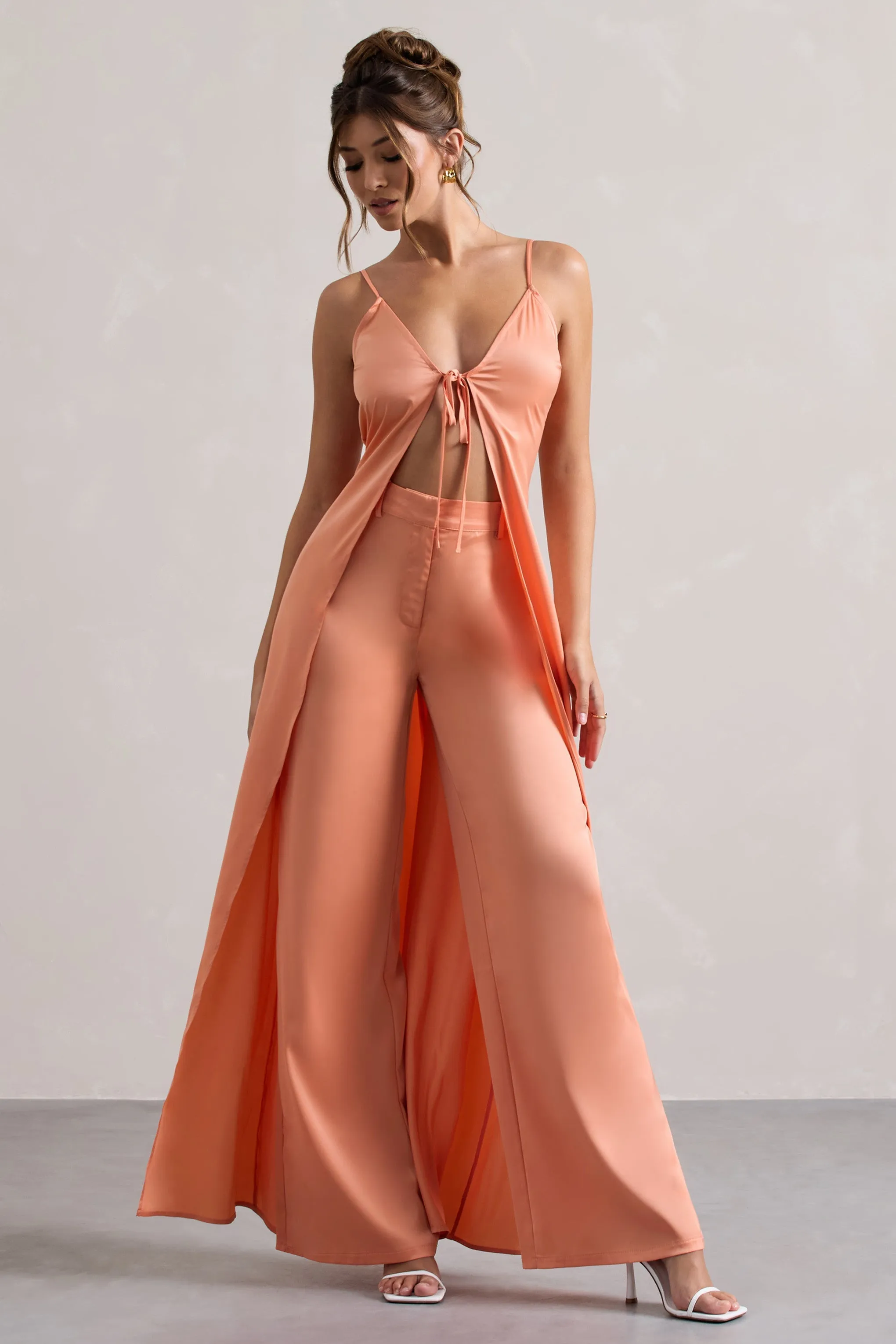 Calvi | Peach Satin Longline Cami Top With Split Front