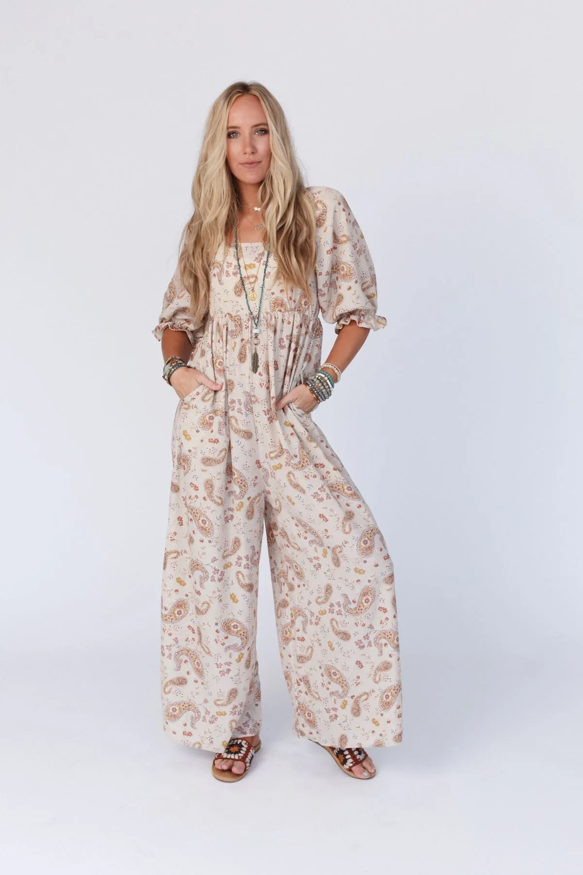 Charlotte Printed Wide Leg Jumpsuit - Nude Paisley