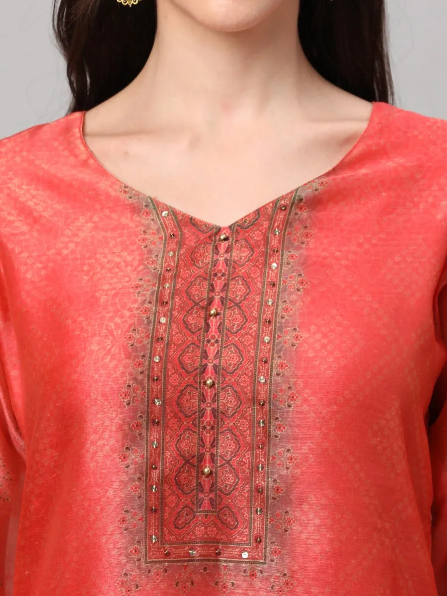 Coral Ornamental Printed Kurta Trouser Dupatta