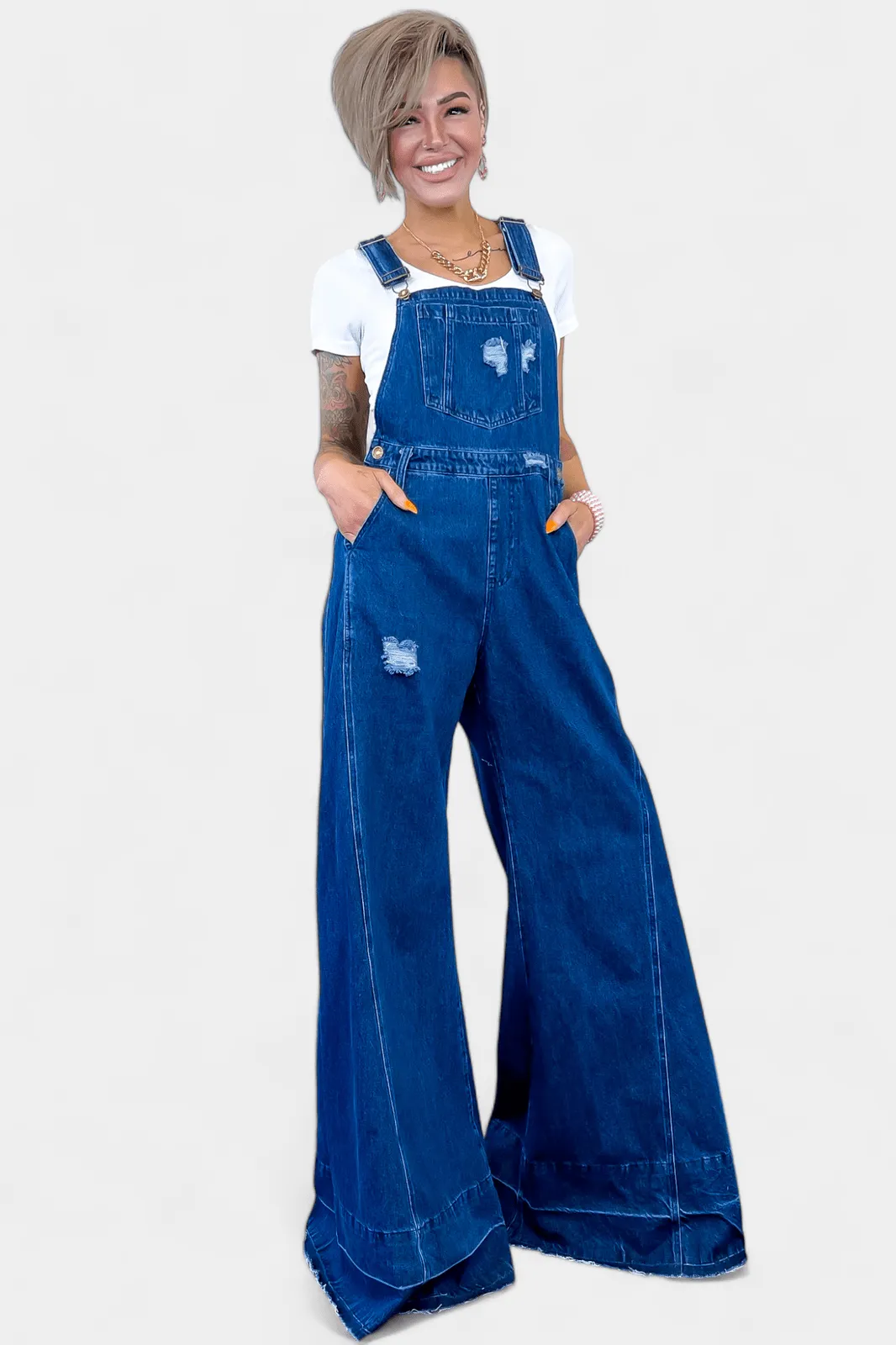 Dark Denim Wide Leg Overalls