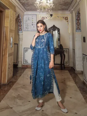 Divena Blue Cotton Nyra cut Kurta Pant set