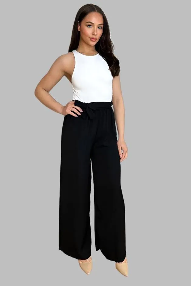 Elastic Waist Tie Wide Leg Trousers