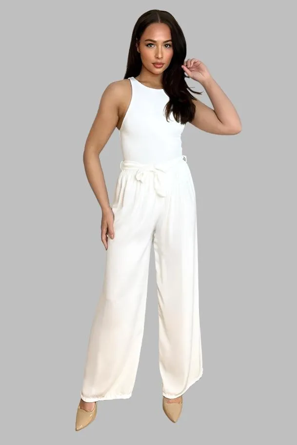 Elastic Waist Tie Wide Leg Trousers