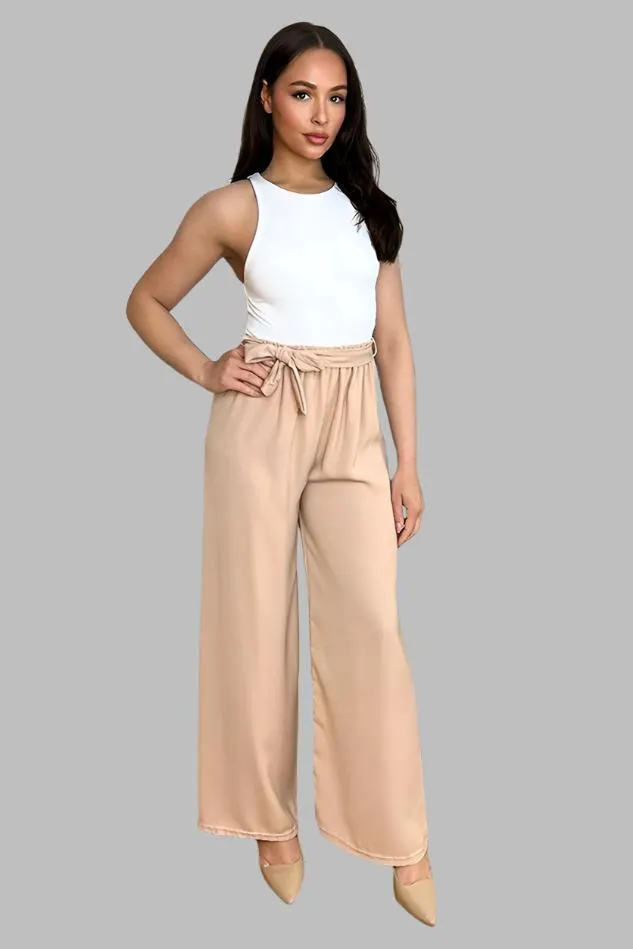 Elastic Waist Tie Wide Leg Trousers