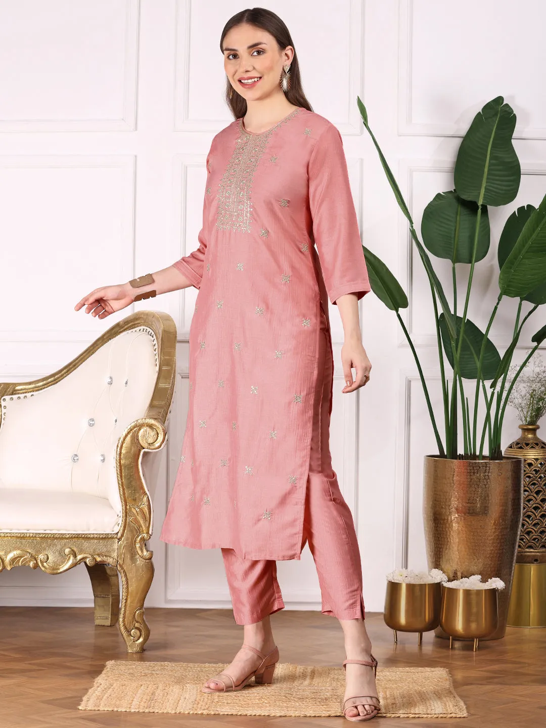 Ethnic Motifs Embroidered Round Neck Thread Work Kurta with Trousers & Dupatta