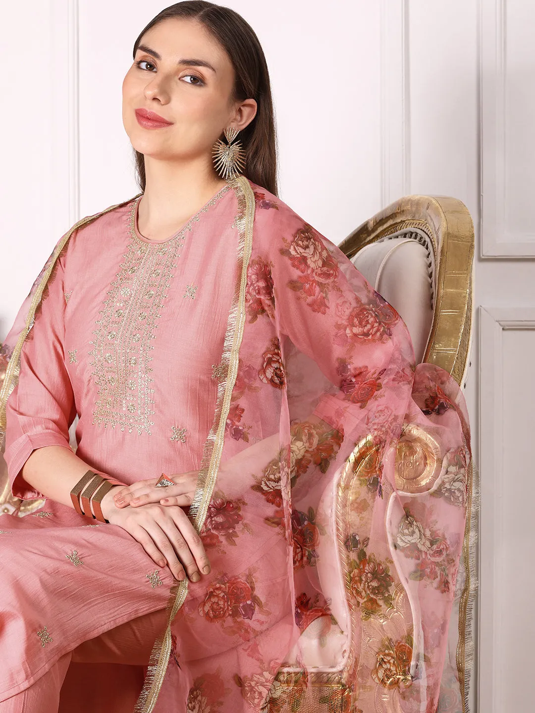 Ethnic Motifs Embroidered Round Neck Thread Work Kurta with Trousers & Dupatta