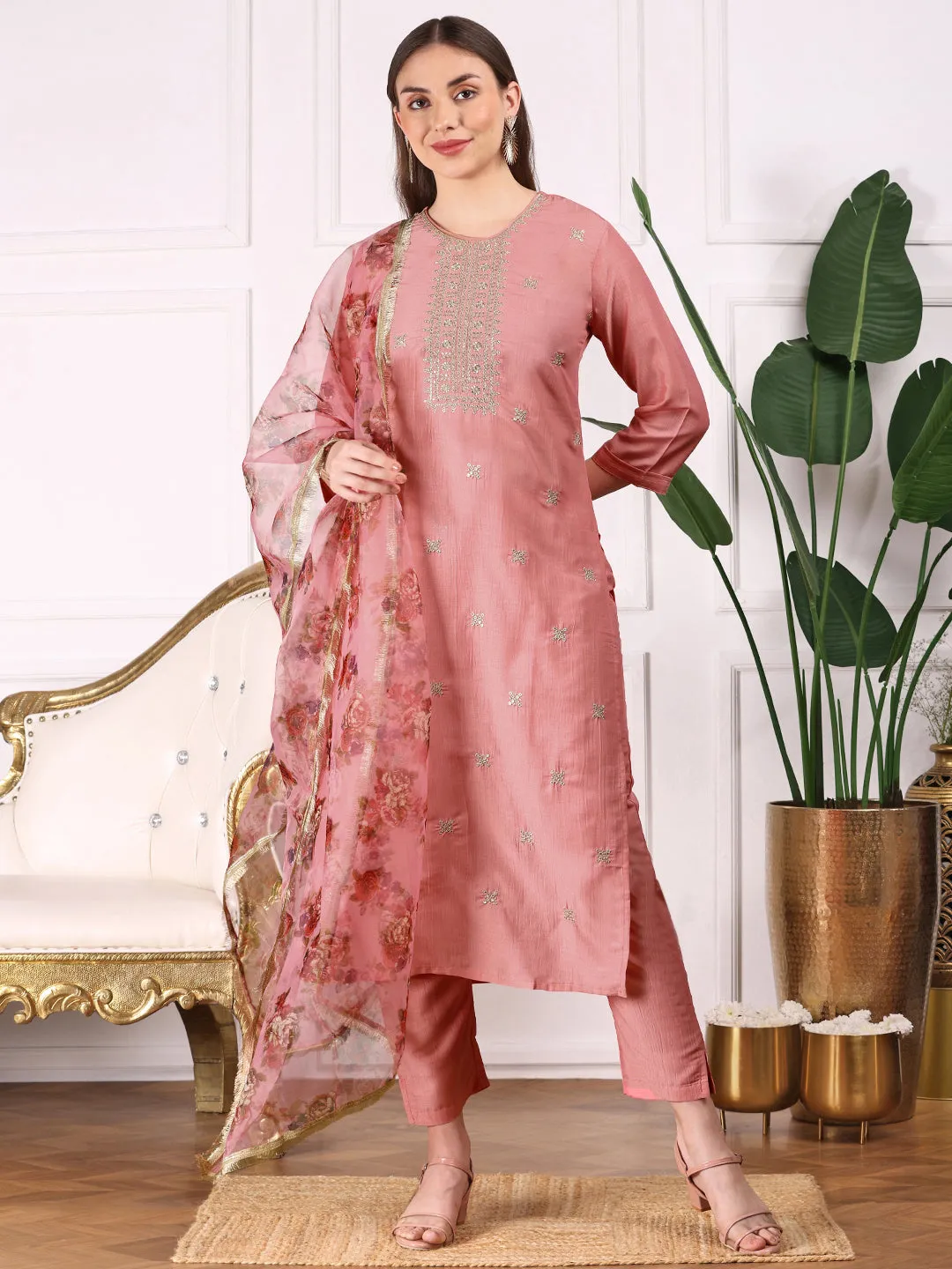 Ethnic Motifs Embroidered Round Neck Thread Work Kurta with Trousers & Dupatta