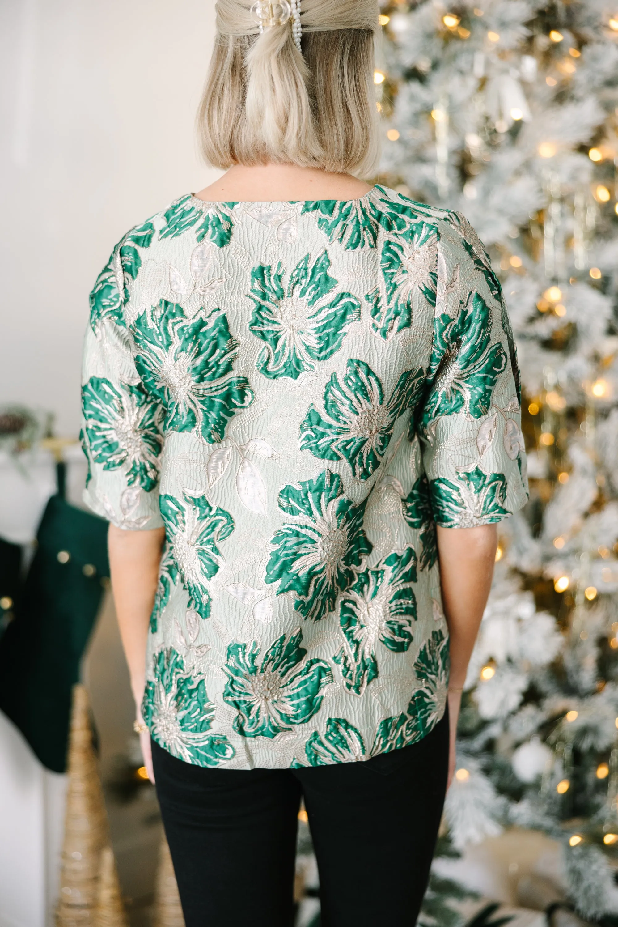 Find You There Green Metallic Floral Blouse