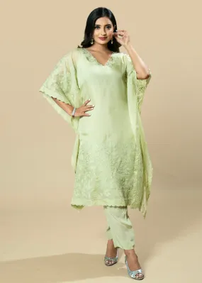 Georgette Organza Handcrafted Applique Lime Green kaftan