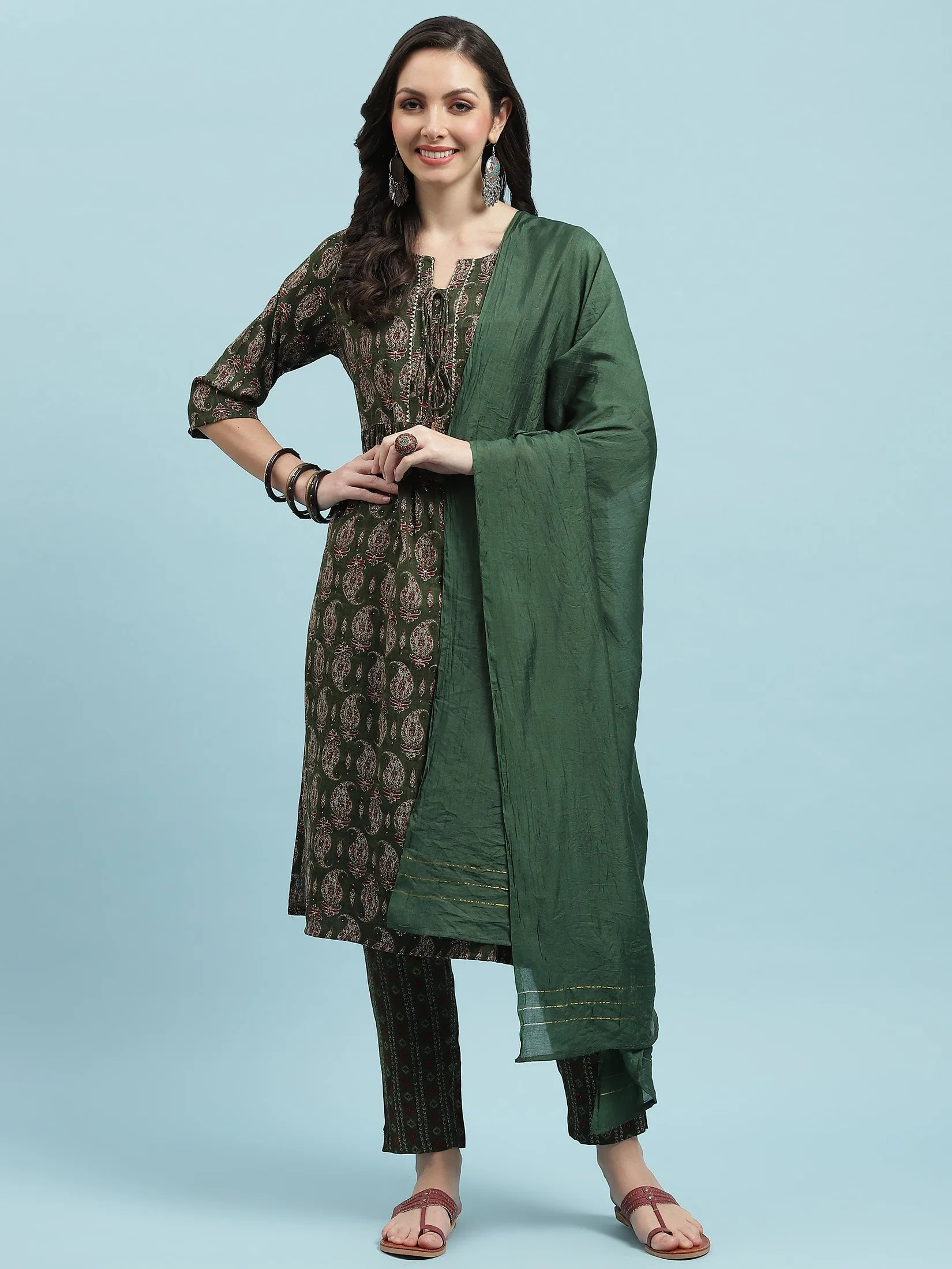 Indiessence Green Paisley Printed Kurta Trouser Dupatta