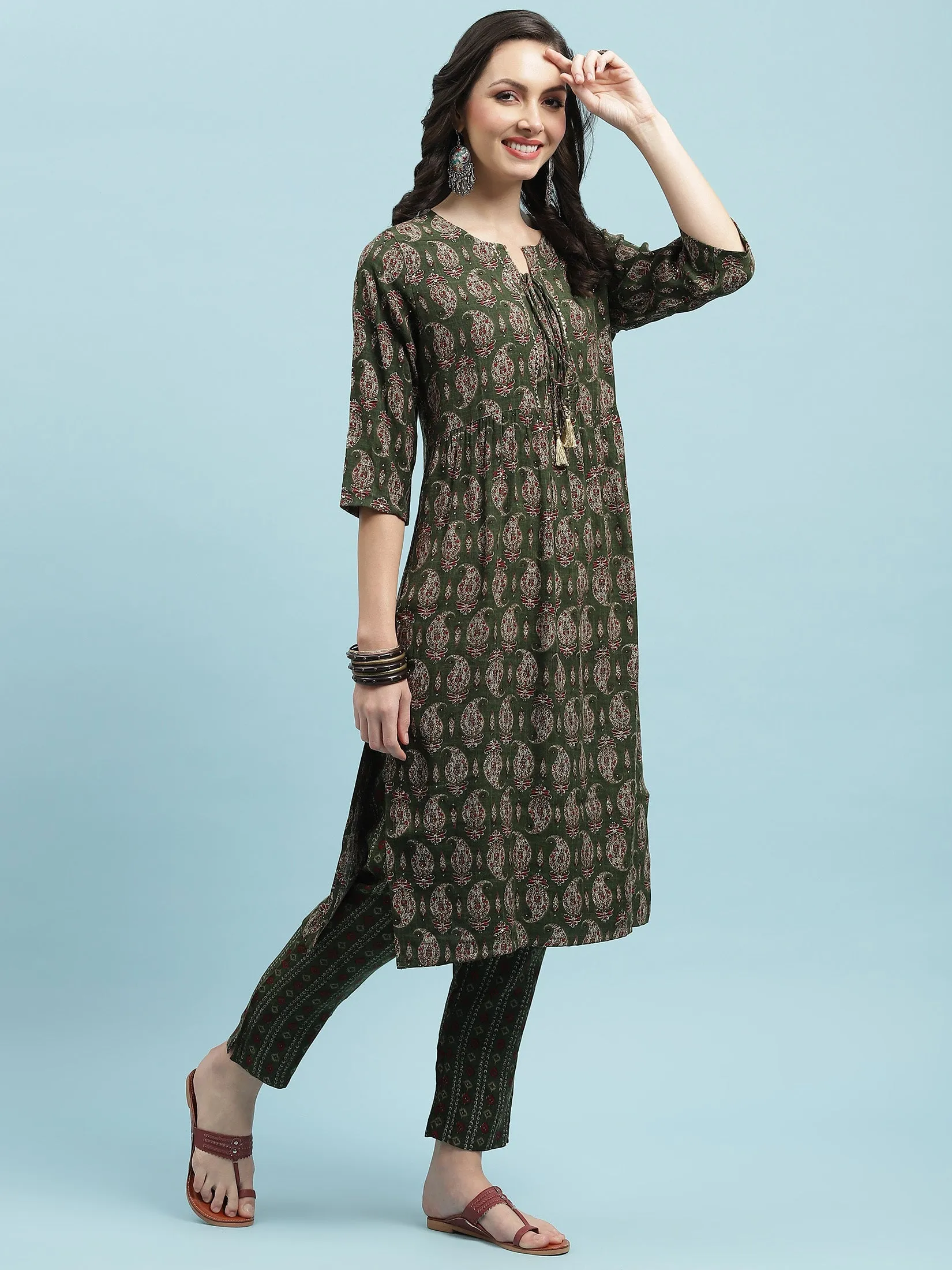 Indiessence Green Paisley Printed Kurta Trouser Dupatta