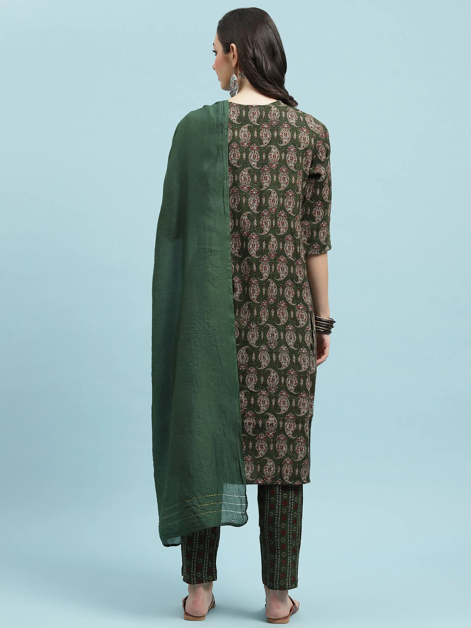 Indiessence Green Paisley Printed Kurta Trouser Dupatta