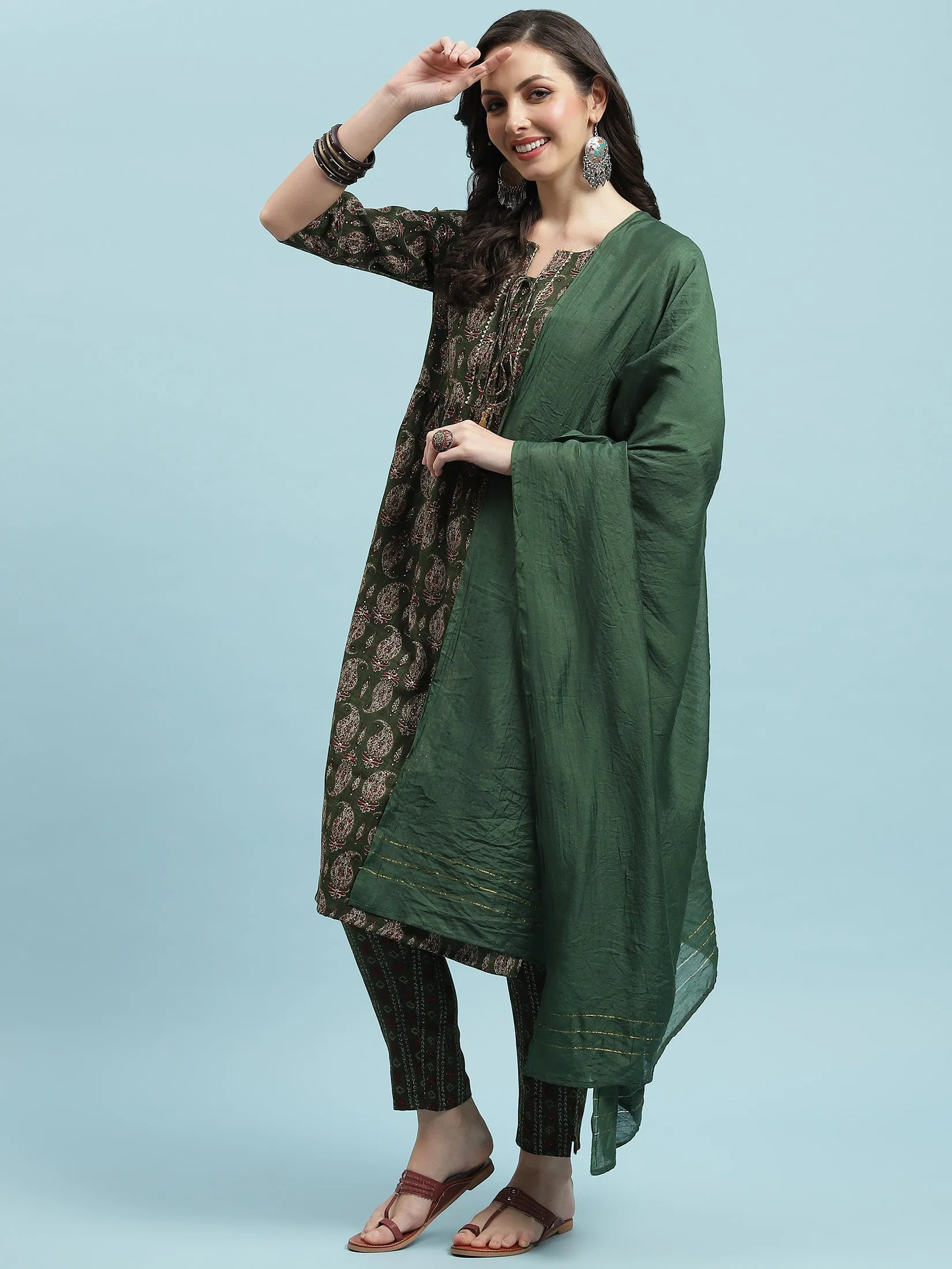 Indiessence Green Paisley Printed Kurta Trouser Dupatta