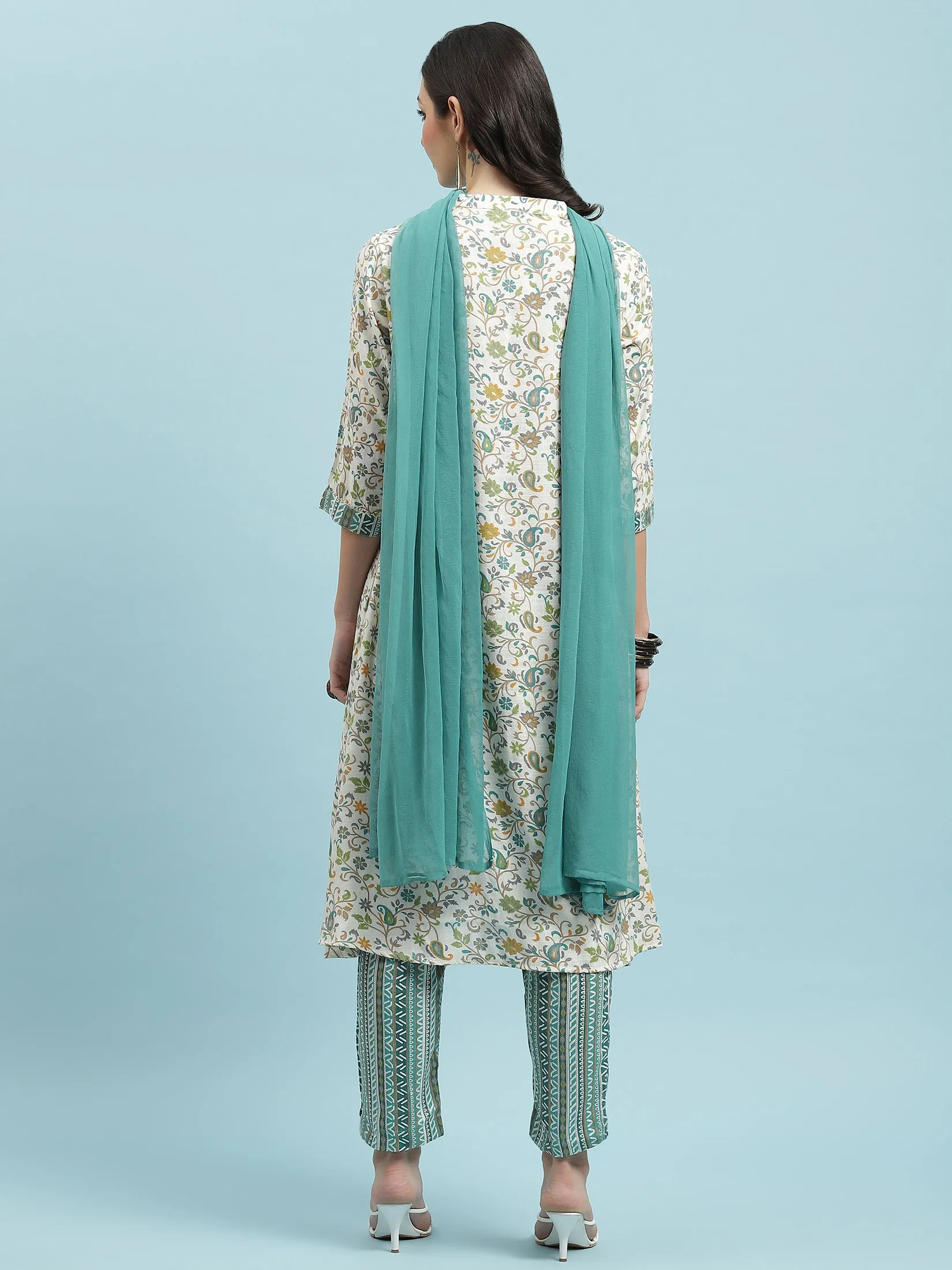 Indiessence Turquoise Blue Floral Printed Kurta Trouser Dupatta