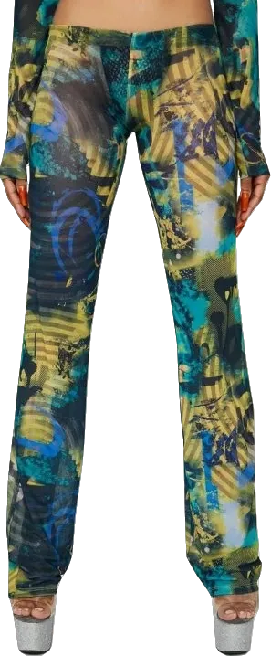 Jaded London Multicoloured Abstract Burn Print Mesh Bootcut Trousers BNWT UK 8