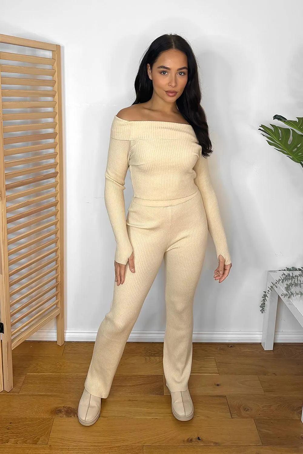 Knitted Bardot Top And Wide Leg Trousers Set