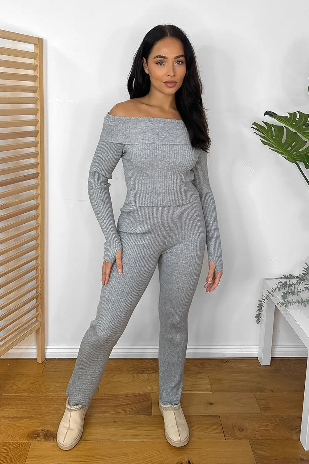 Knitted Bardot Top And Wide Leg Trousers Set