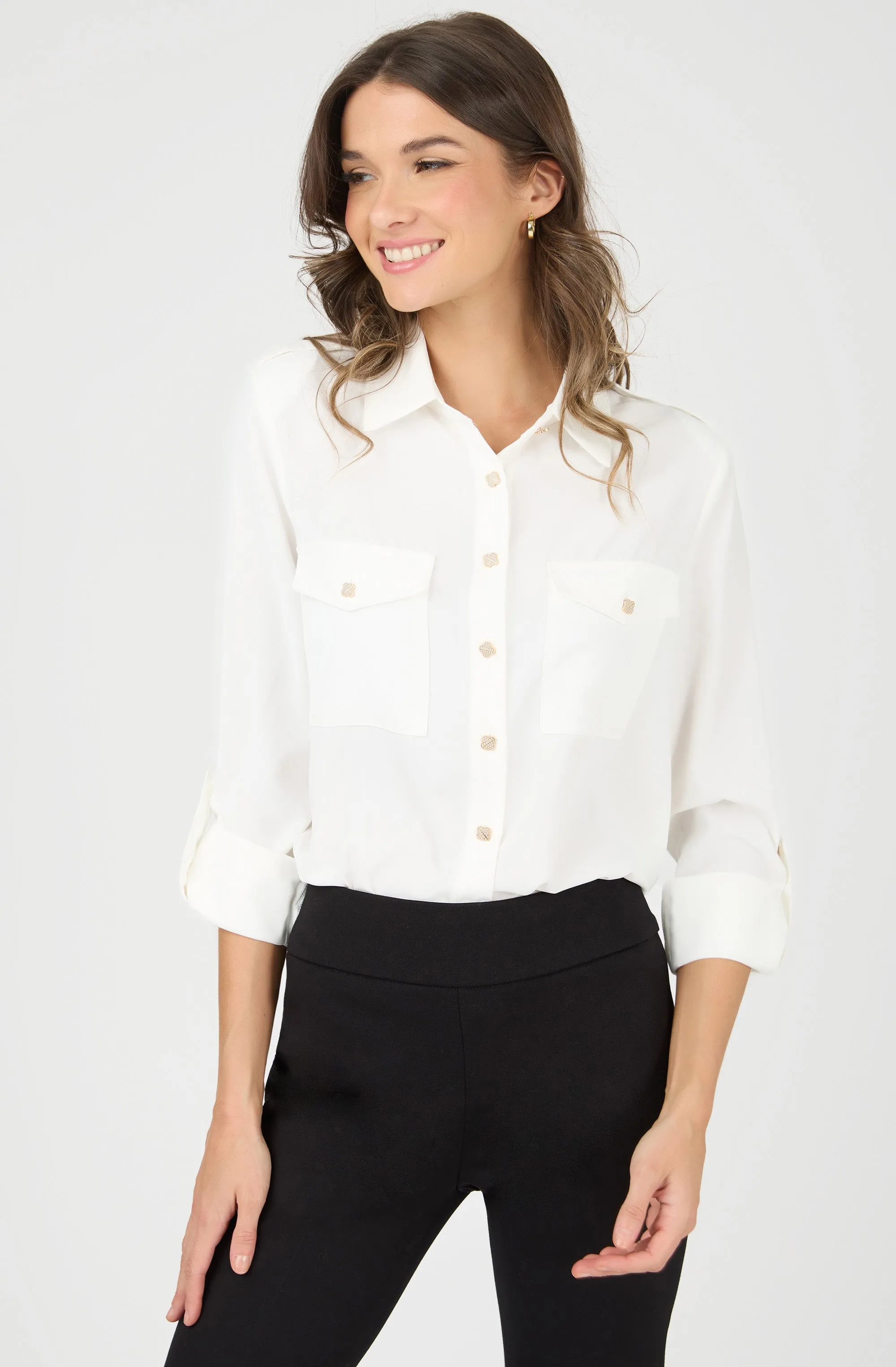 Long Sleeve Blouse with Clover-Shaped Buttons