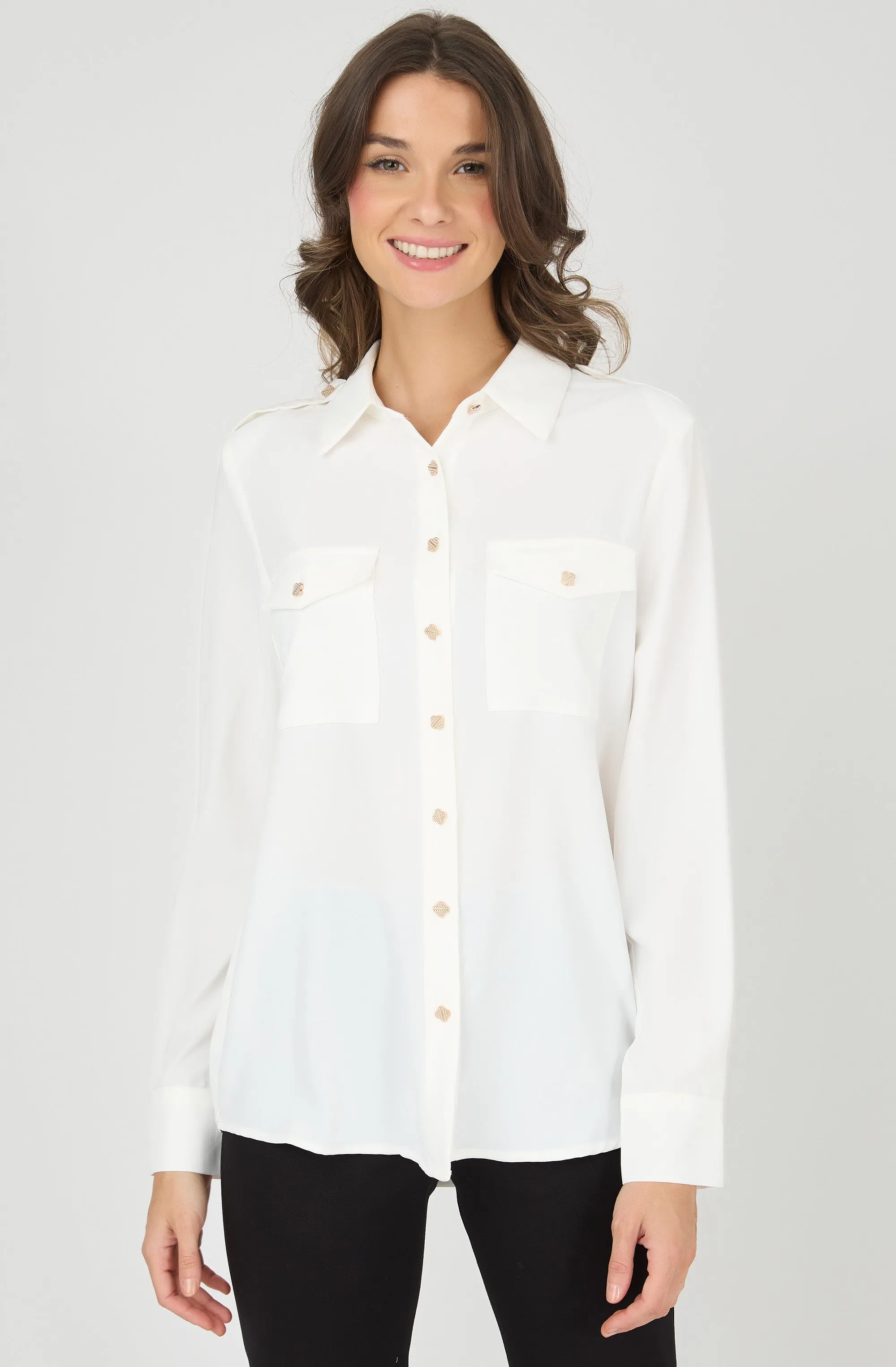 Long Sleeve Blouse with Clover-Shaped Buttons