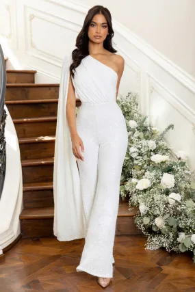 Lyrical | White Sequin Straight Leg Jumpsuit With Cape