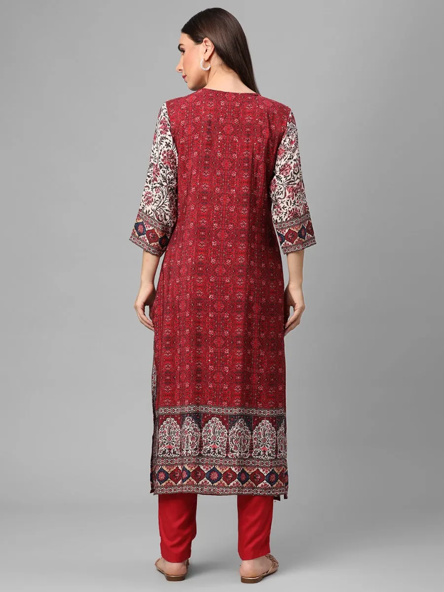 Maroon Ornamental Printed Kurta Pant Dupatta