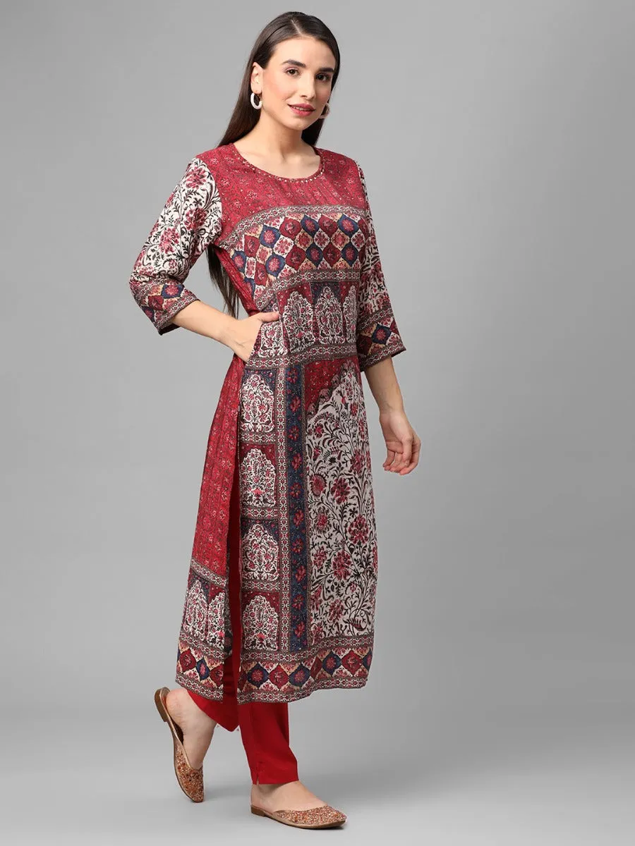 Maroon Ornamental Printed Kurta Pant Dupatta