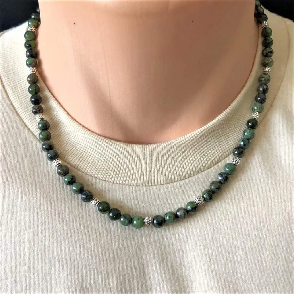 Mens Dendritic Green Jade Beaded Necklace