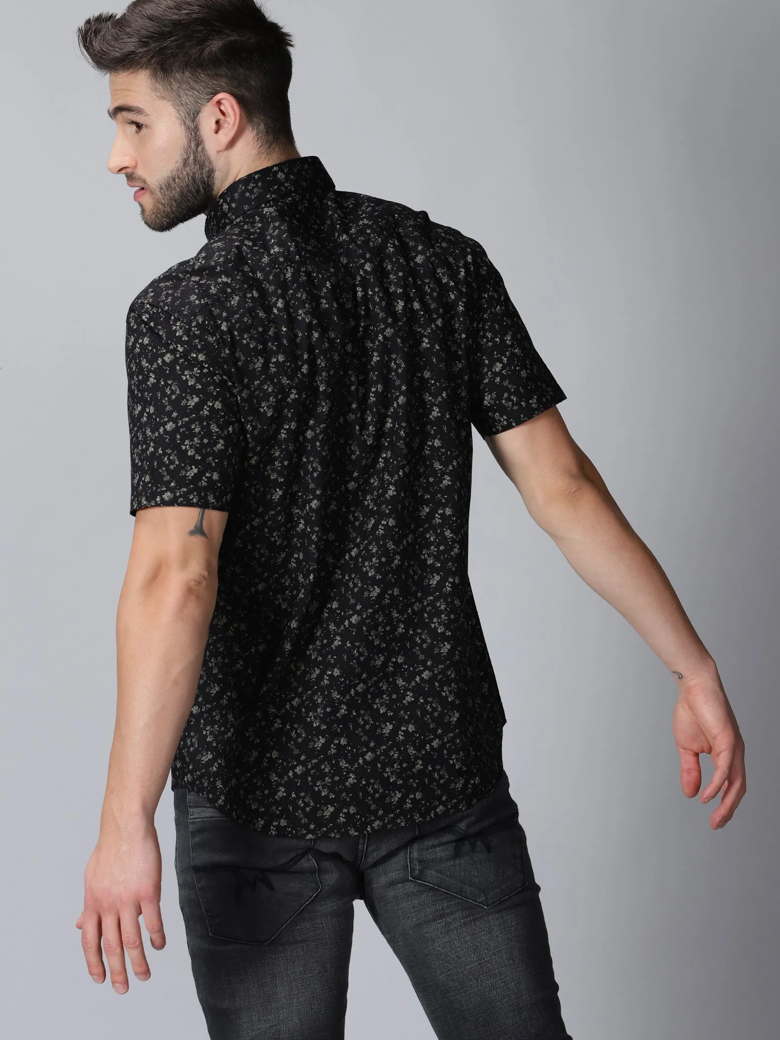 MEN'S DOBBY BLACK PRINT SLIM FIT SHIRT