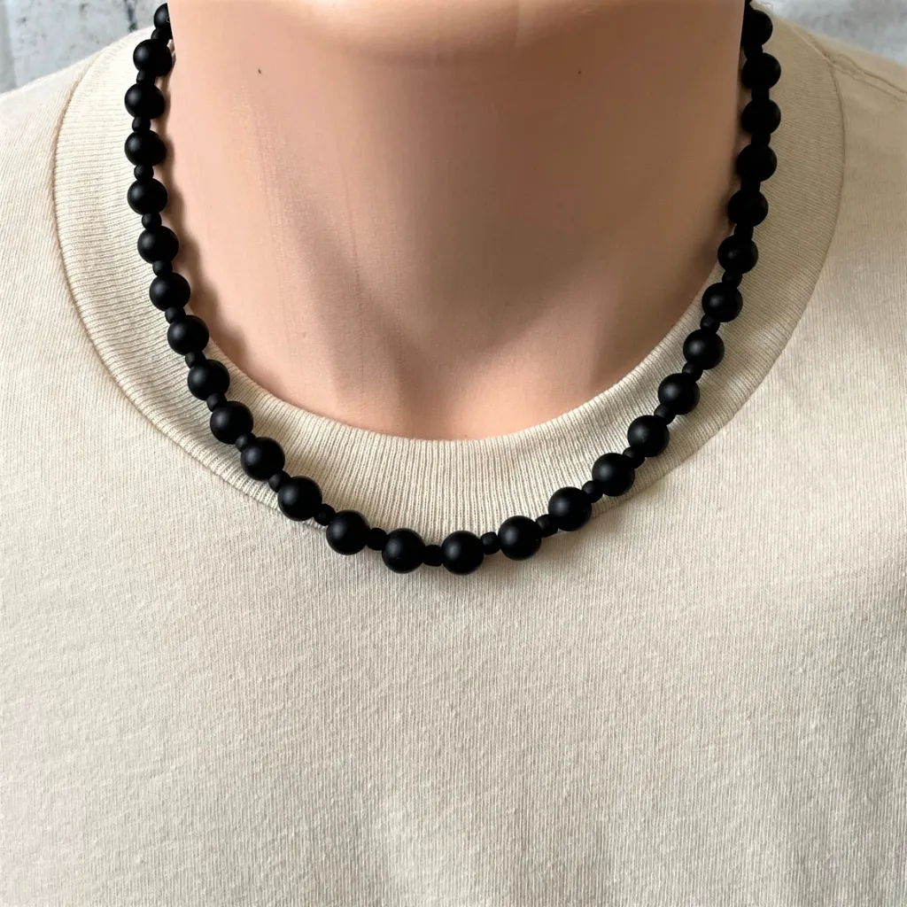 Mens Matte Black Onyx and Matte Toho Beaded Necklace