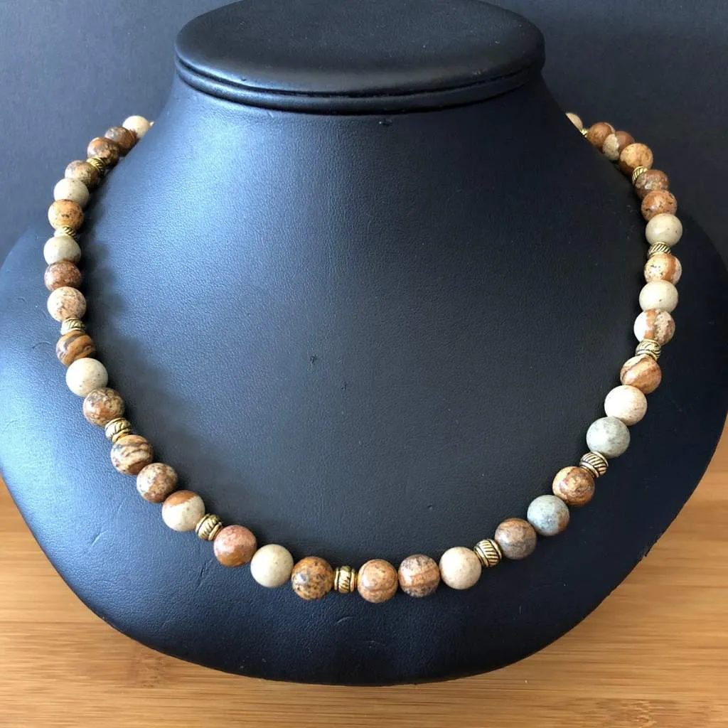 Mens Picture Jasper and Gold Beaded Necklace