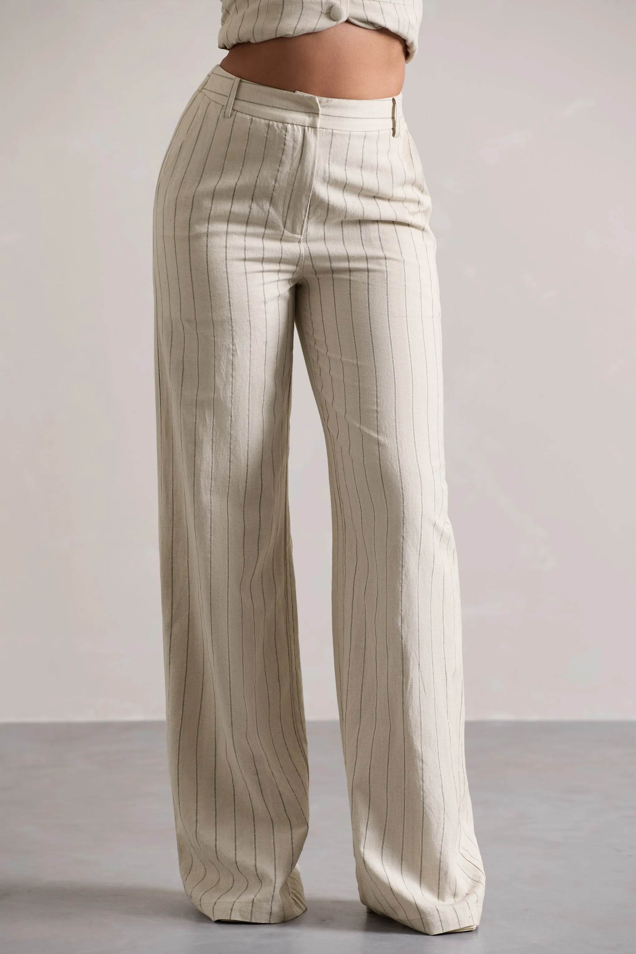 Missed Out | Beige Pinstripe Wide-Leg Trousers