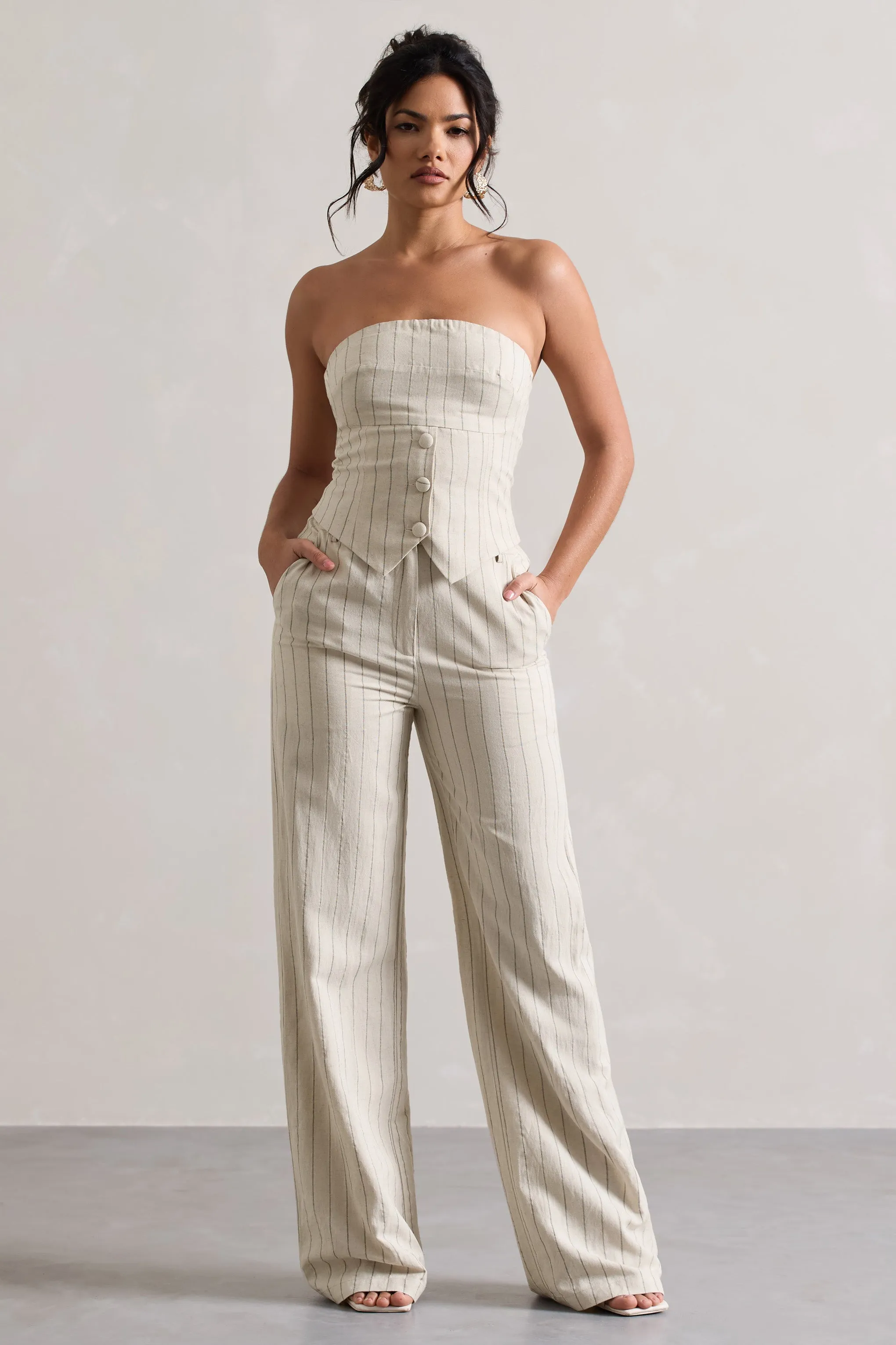 Missed Out | Beige Pinstripe Wide-Leg Trousers