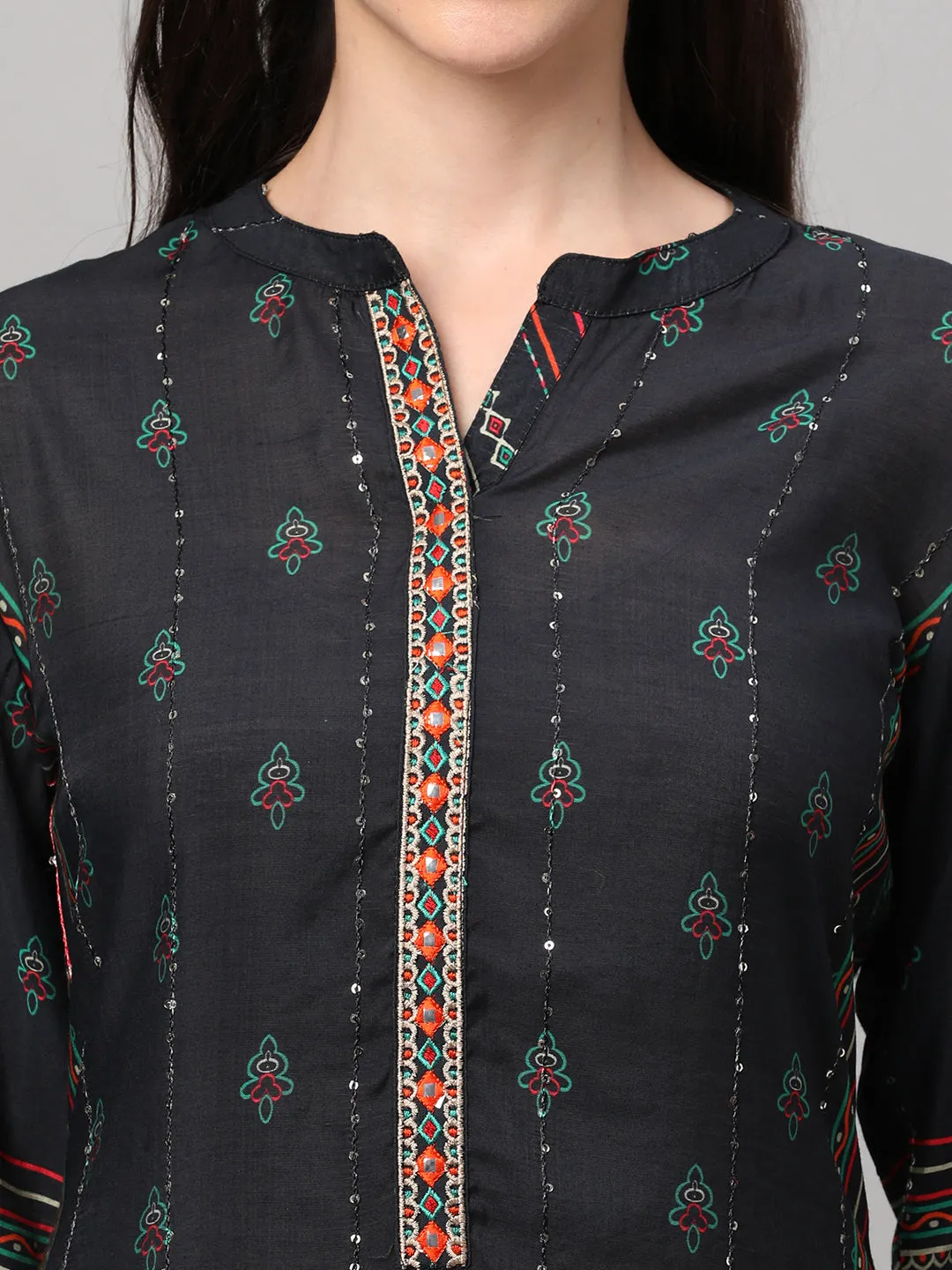 Navy Blue Ornamental Print Kurta Trouser Dupatta