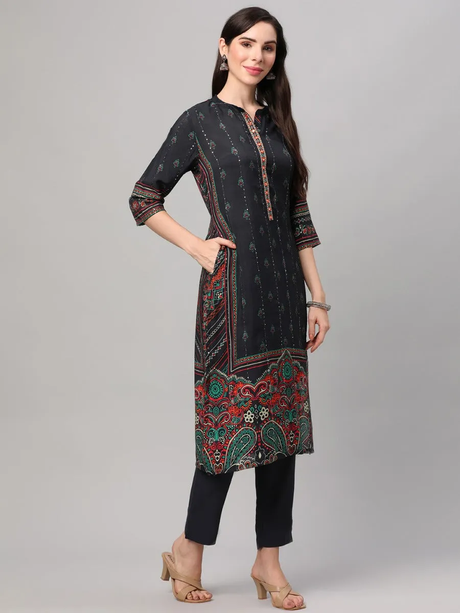 Navy Blue Ornamental Print Kurta Trouser Dupatta