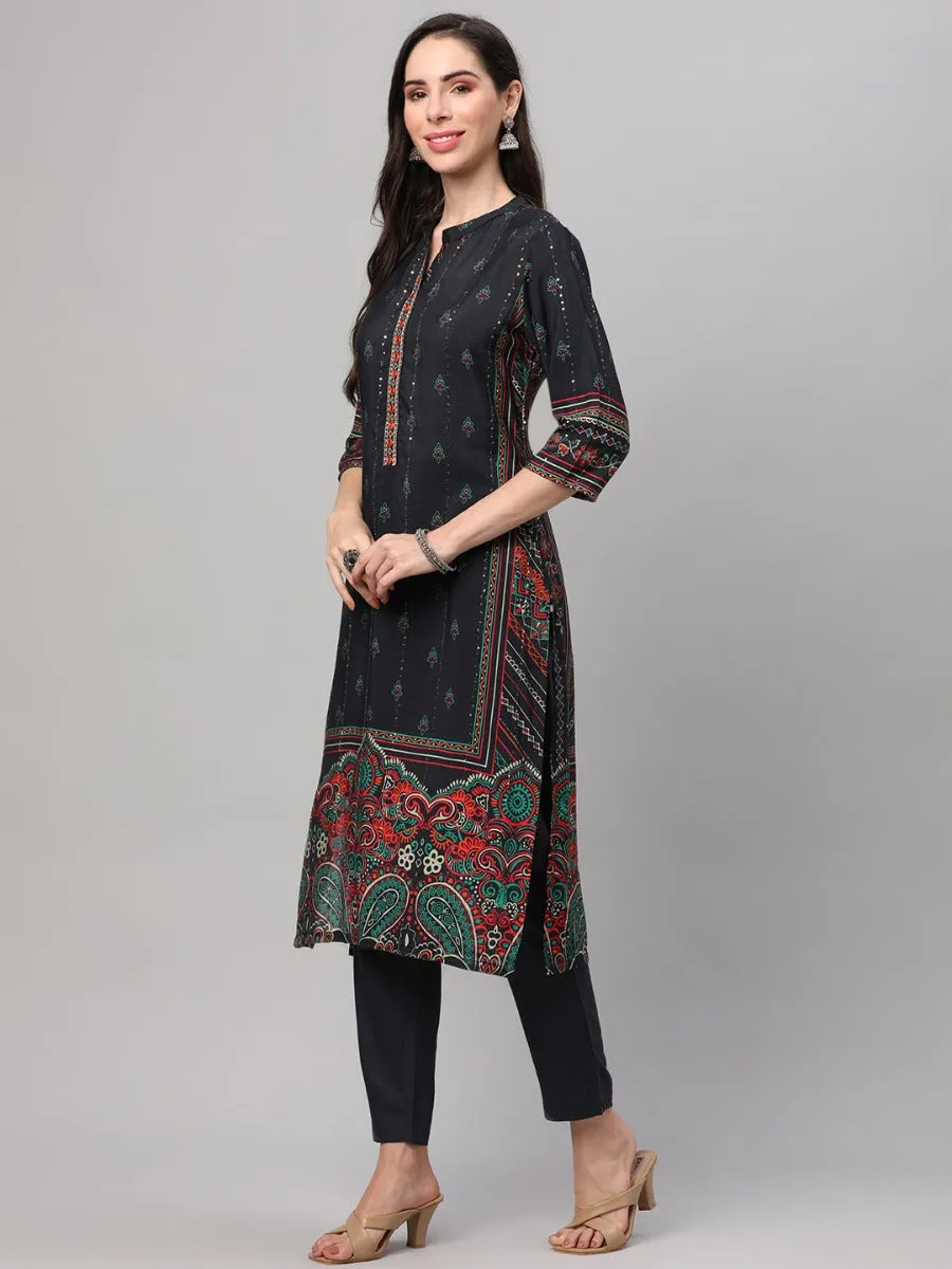 Navy Blue Ornamental Print Kurta Trouser Dupatta