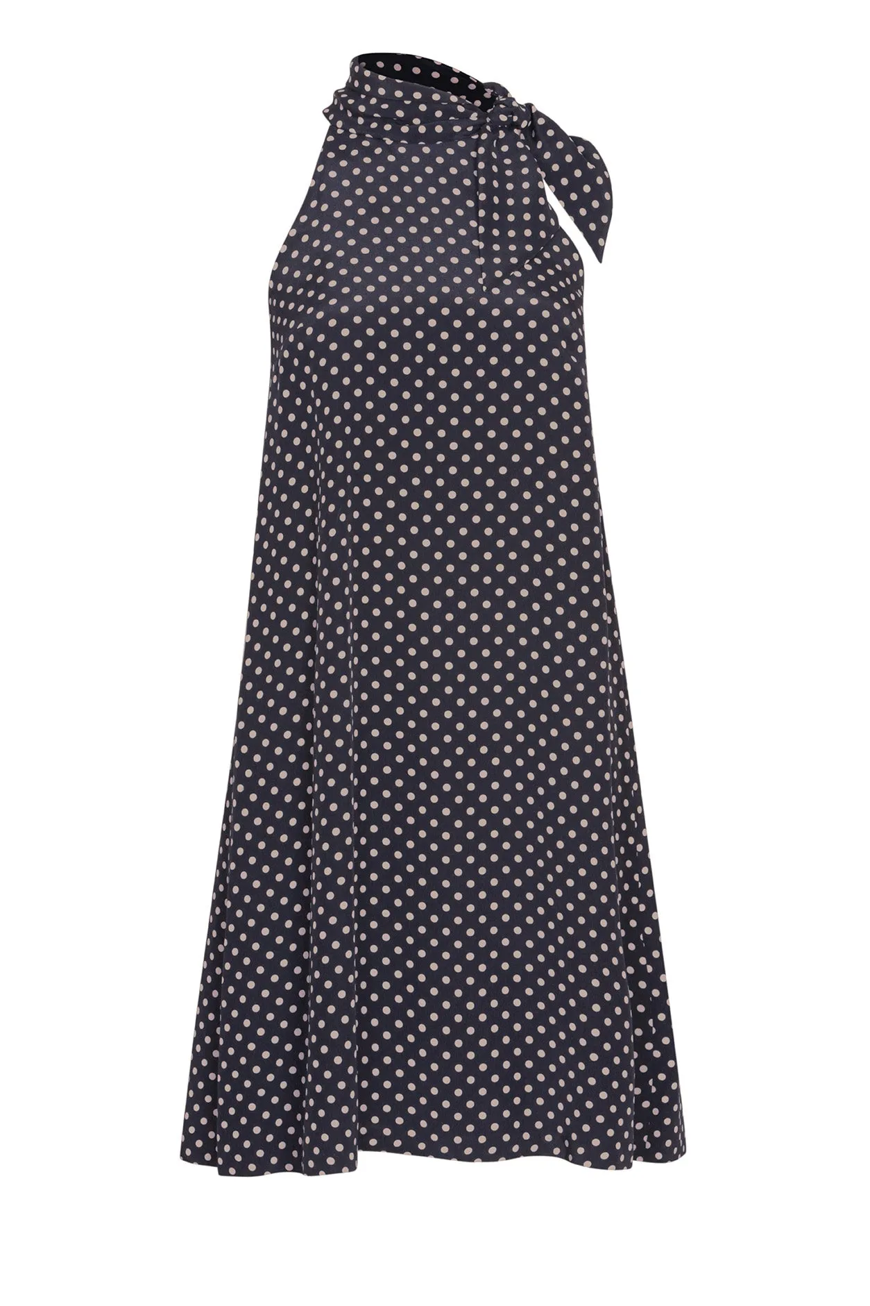 Navy Spot Silk Crepe de Chine Dress with Tie-Neck - Alice Short